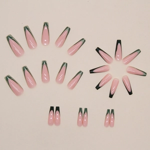 Long ballerina press-on nails with green French stripes and soft pink base finish