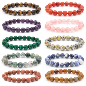 Grid display of 10 handmade natural stone beaded bracelets including tiger eye and agate
