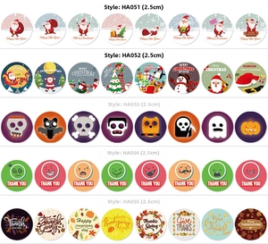 Detail showing various 2.5cm round self-adhesive holiday stickers with festive designs