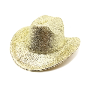 Macro detail of sparkly gold sequin cowboy hat with metallic glitter finish for parties