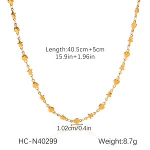 Detail view of gold stainless steel necklace showing exact product dimensions and heart charms