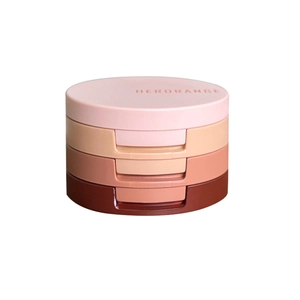 Stackable four-color makeup palette with pink, beige, and peach matte and shimmer tones