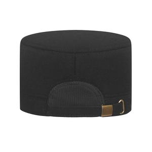 Men's black flat top military cap with adjustable gold buckle and warm fabric texture