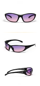 Three-angle views of Y2K silver sports sunglasses with purple gradient lenses and cut-out temples