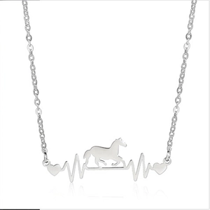 Minimalist silver stainless steel necklace with a horse silhouette and heartbeat line pendant