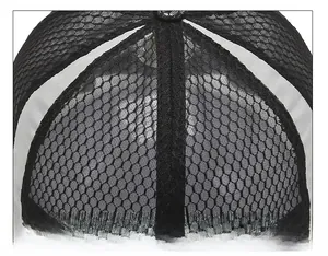 Macro view of the reinforced stitching and breathable honeycomb mesh on the black trucker hat