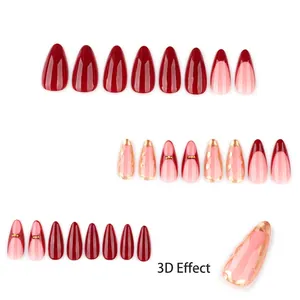 French red almond press-on nails with 3D metallic beads and glossy finish set