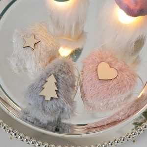 Furry heart and star plush Christmas tree ornaments set with gold glitter and wood chips