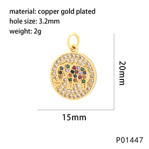 Detailed view of 20mm gold elephant pendant with multicolor zircon inlay and measurements