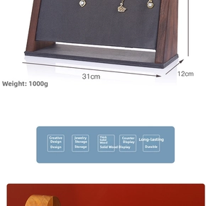 Detail view of walnut wood necklace display stand with gray flocking and dimensions