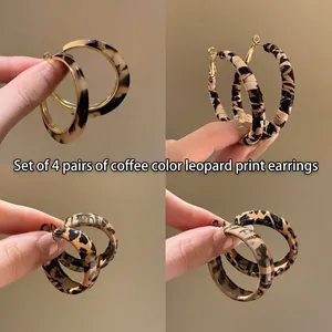 Vintage Leopard Print Hoop Earrings Alloy Resin Leather Wrapped Jewelry With 925 Sterling Silver Earring Post For Women