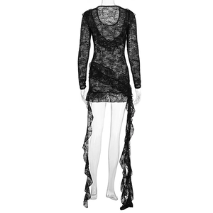Détail d'une robe courte en dentelle noire à manches longues avec franges plissées