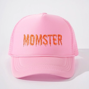 Pink adjustable mesh trucker hat with orange MOMSTER graphic and breathable design
