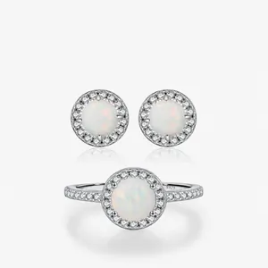 925 Sterling Silver Round White Opal Ring And Earrings With Cubic Zirconia French Chic Elegant Jewelry For Women