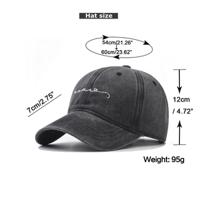 Detailed size chart for washed cotton baseball cap with dimensions and embroidery