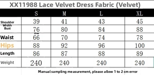 Tableau des tailles pour robe en velours avec mesures d'épaules et de poitrine