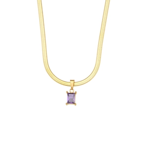 Gold-plated flat snake chain necklace with a square purple zircon gemstone pendant