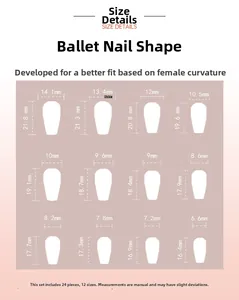 Size chart showing dimensions for 24 pieces of rose pink gradient ballerina press-on nails
