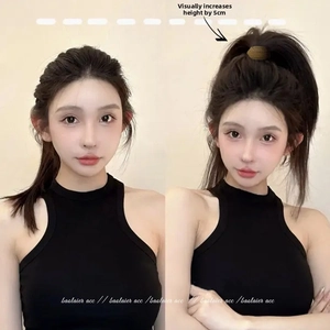 Detail showing deep brown high elastic hair tie creating a high ponytail lift effect