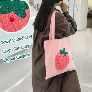 Pink canvas tote bag with strawberry towel embroidery, large capacity and zipper closure