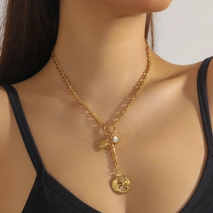Collier en Y vintage plaqué or en acier inoxydable avec pendentifs soleil et cœur