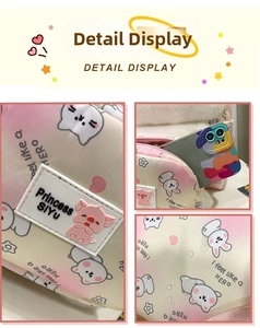 Detail showing waterproof nylon fabric with cute animal prints and plush texture on the bag