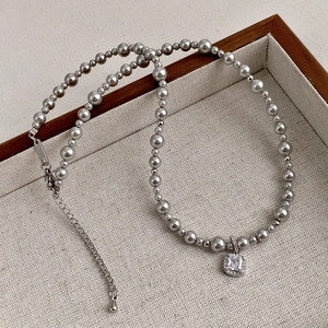 French luxury grey pearl necklace with a square zircon pendant and adjustable chain clasp