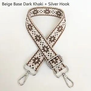 Close-up of 3.8cm jacquard bag strap with silver metal buckles and geometric pattern