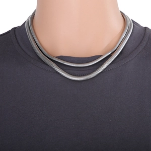 Sleek double-layer silver snake bone necklace in stainless steel for a modern hip-hop look