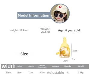 Size chart showing kids yellow glitter chest bag dimensions and 8-year-old model reference