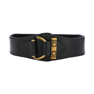 Detail of black elastic corset belt featuring gold D-ring hardware and stitched faux leather