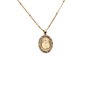 Gold plated Virgin Mary oval pendant necklace with multicolored cubic zirconia bezel stones