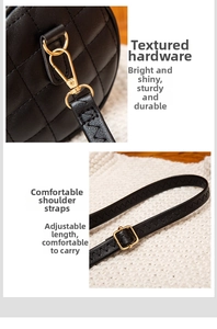 Detail of black quilted shoulder bag featuring gold metal twist lock and adjustable strap