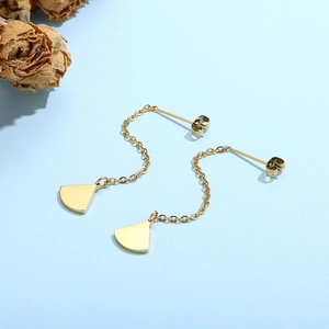 Detailed view of gold-plated stainless steel fan-shaped earrings with chain backings