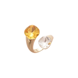 Golden open ring with square amber and clear crystals, features multi-faceted polished design
