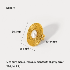 Close-up of 18K gold plated stainless steel ring with white shell stone and sizing data