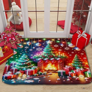 Detailed Christmas floor mat with festive tree and gift box print on wooden floor