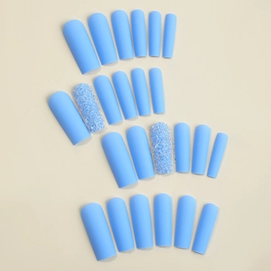 Extra long blue matte press-on nails with luxury sparkling crystal rhinestones