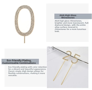 Detail showing gold alloy number cake toppers with AAA shiny rhinestones for birthdays
