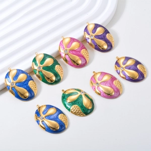 Pendenti floreali ovali in acciaio inossidabile con smalto colorato e pietre di zircone