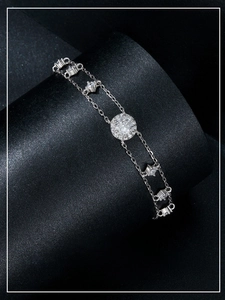 Macro detail of a 0.5ct moissanite double-layer S925 silver bracelet on black background