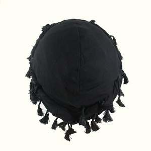 Men's black satin lined turban beanie with dual-layer hair protection and tassels