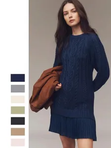 Robe Pull Torsadée Pour Femmes Manches Longues Col Rond Ourlet Plissé Automne Hiver Décontracté Élégant Tricot