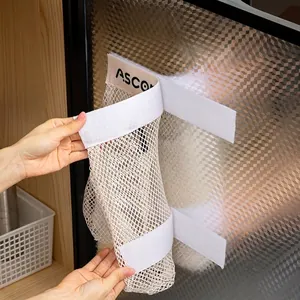 Hanging mesh storage bag with velcro strap for kitchen grocery and waste bags