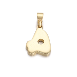 Detailed view of a golden stylized letter A pendant with a polished finish and top ring