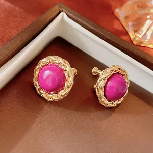 Vintage round chain woven earrings with purple enamel in golden setting