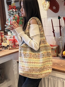 Winter plush tote bag with multi-color striped shearling texture and large capacity