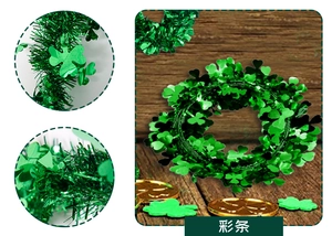 Close-up of St. Patrick's Day green tinsel garland with metallic shamrock leaf details