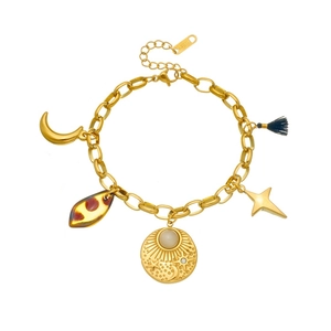 Golden stainless steel chain bracelet with leopard print discs and moon star charms
