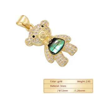 Golden bear pendant with green iridescent inlay and micro-pave crystals, 13x26mm size